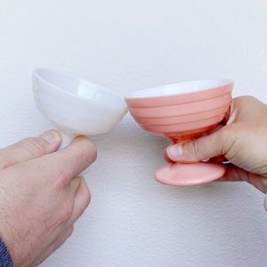 Mid Century Hazel-Atlas glass pink and white Pedestal Sherbet Cups